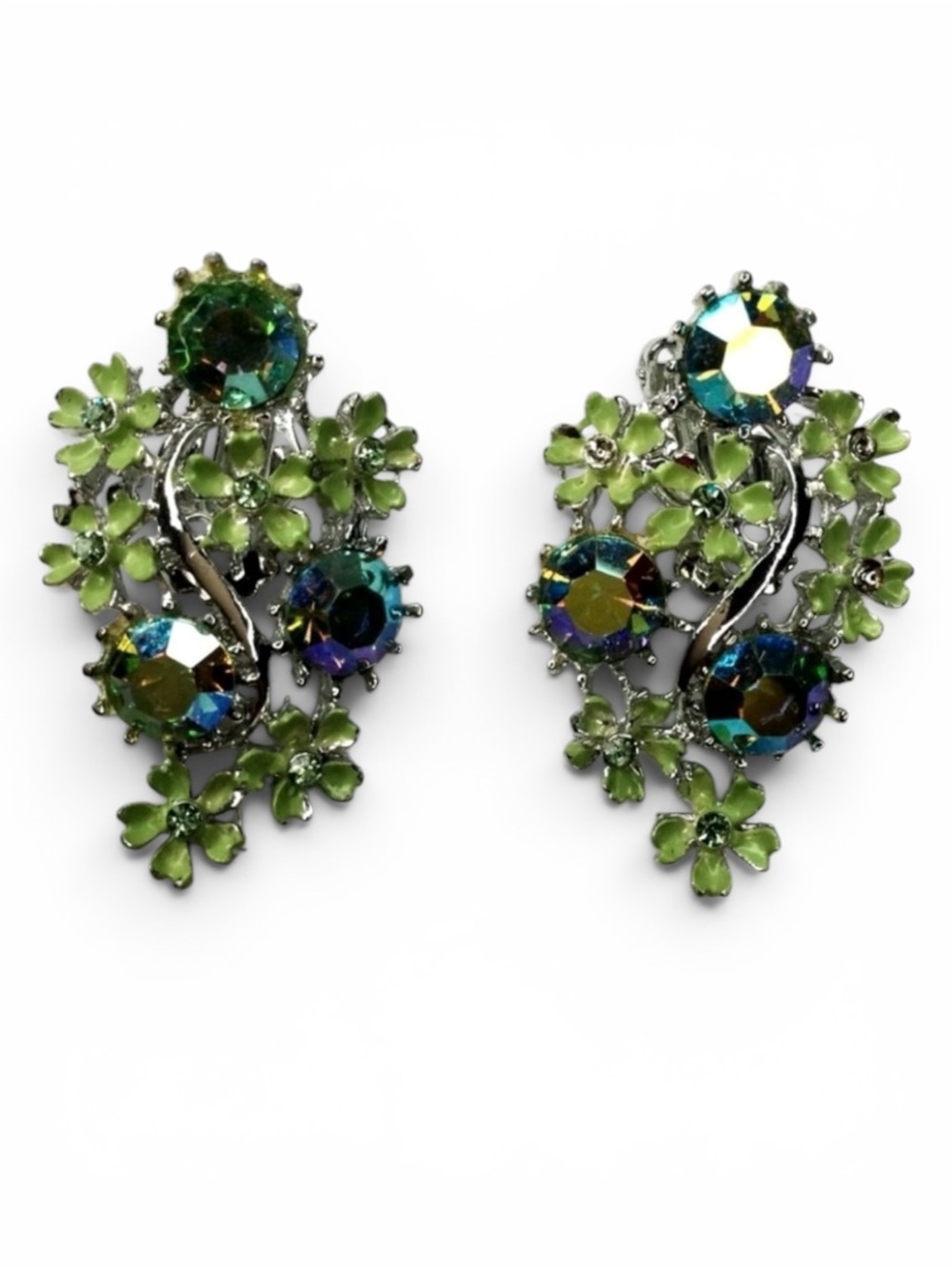 Vtg 1960s Silver‑Tone Paisley Clip‑On Earrings – AB Rhinestones & Enamel Flowers - Picture 8 of 12